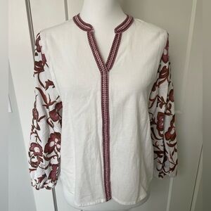 Calypso NWT Floral Embroidered Cotton Flax Peasant Blouse Top White Boho SMALL